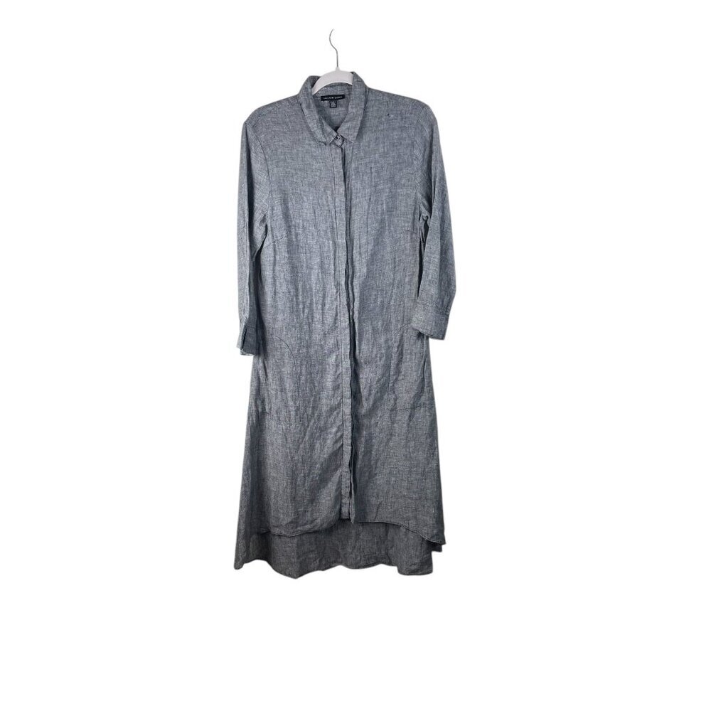 Saks Fifth Avenue Gray Linen Long Shirt Dress Pockets Midi M